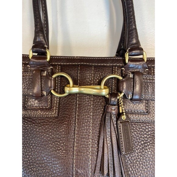 COACH WOMENS DOUBLE HANDLE TASSEL BROWN LEATHER SACHEL PURSE 15 X 8 - Picture 2 of 6